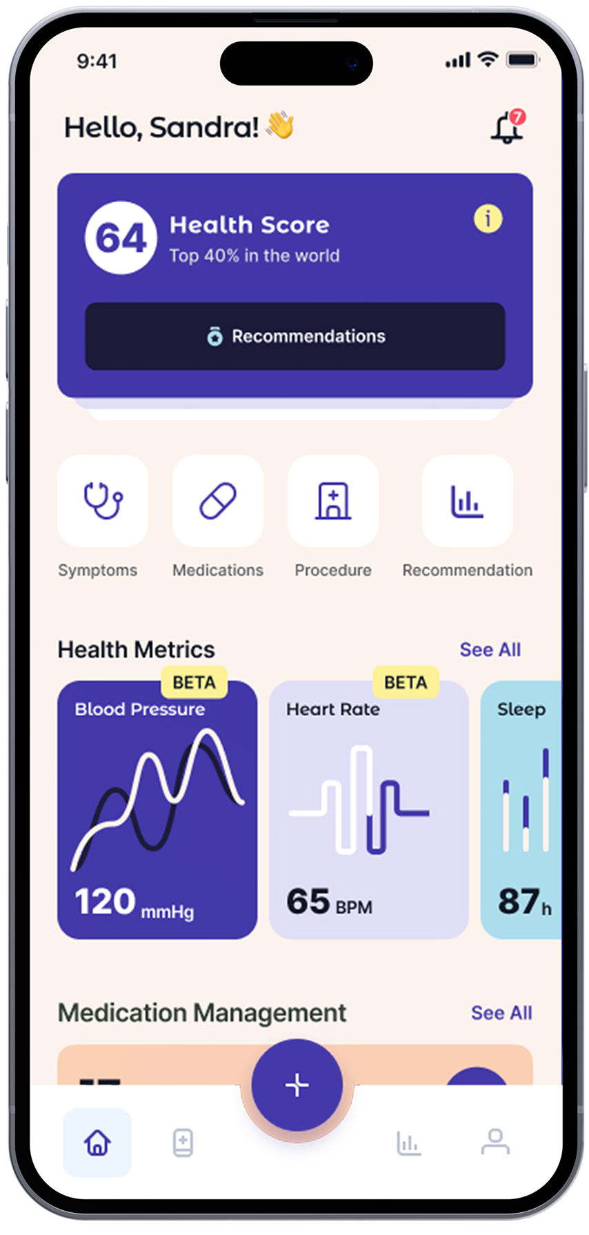 VyaHealth dashboard showing a personalized health score